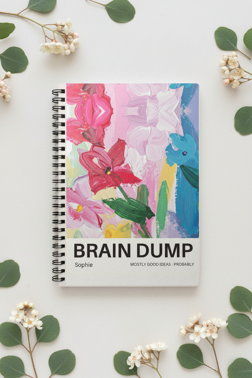 A5 spiral notebook with colorful floral cover, top view with black spiral binding