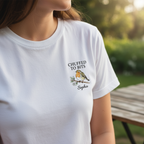 Personalised white T-shirt with “CHUFFED TO BITS” bird graphic and name “Sophie”.