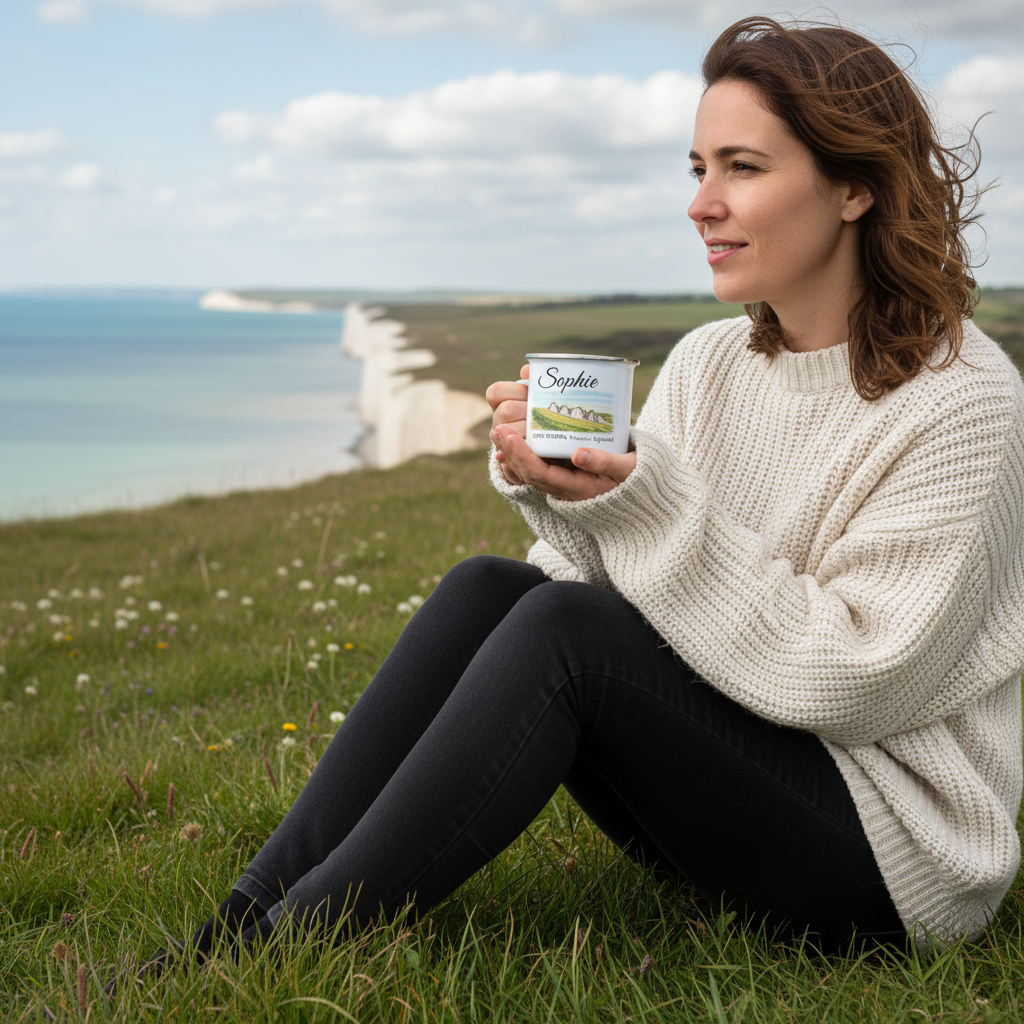 Sophie enamel mug — UGC clifftop