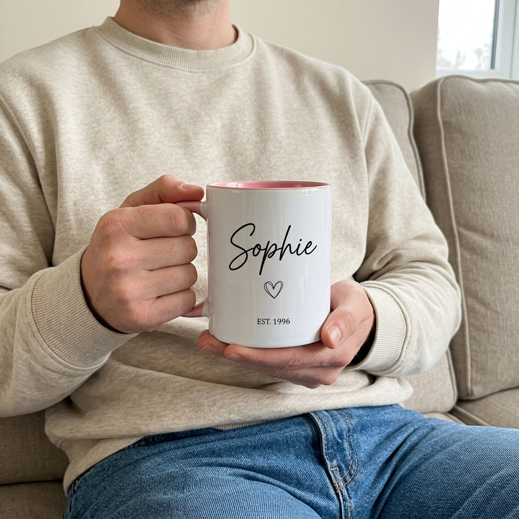 Sophie EST. 1996 pink mug held during a relaxed sofa cuppa