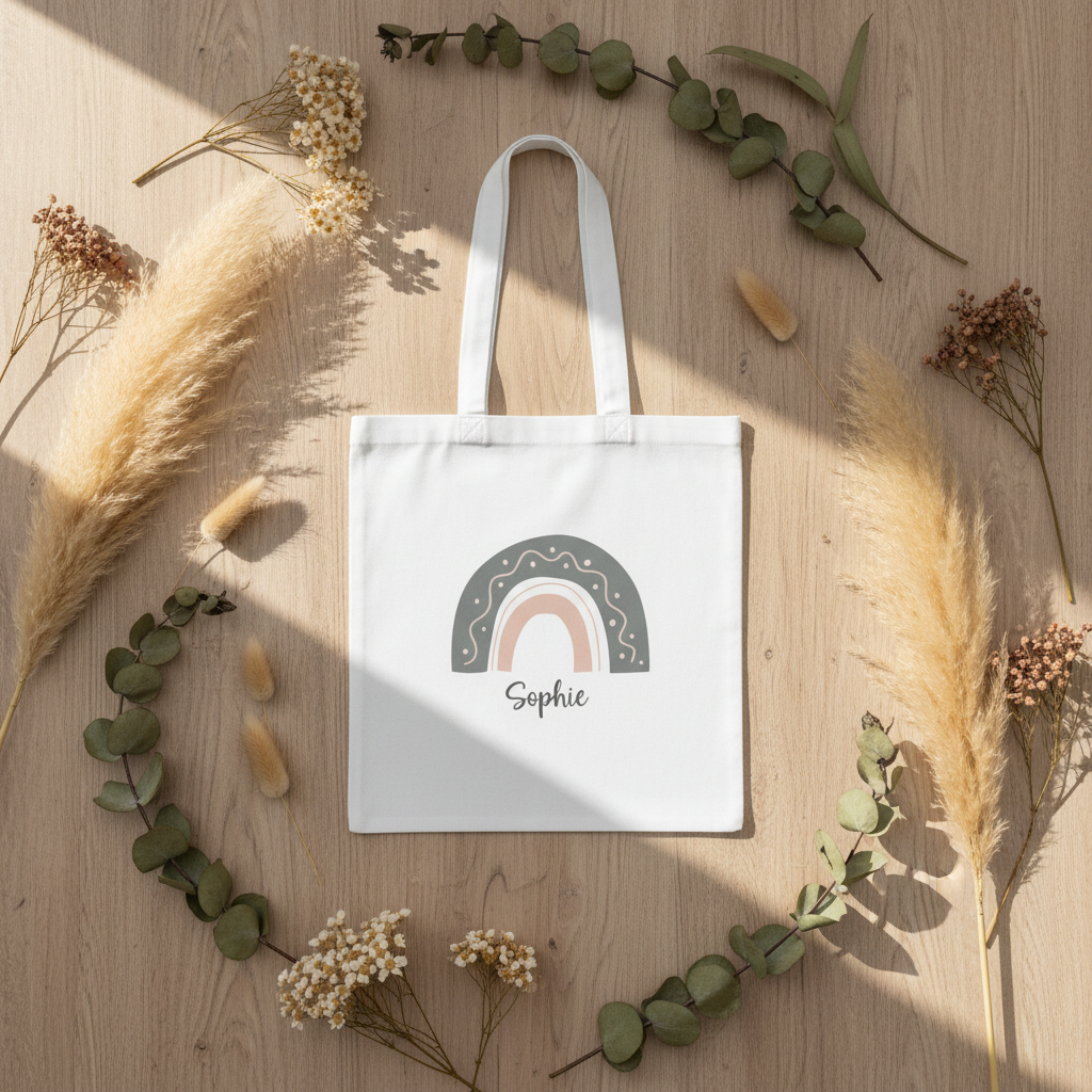 White tote bag with rainbow arch graphic and name Sophie