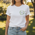 White T-shirt with green fern wreath chest print, 'Sophie' EST. 2019