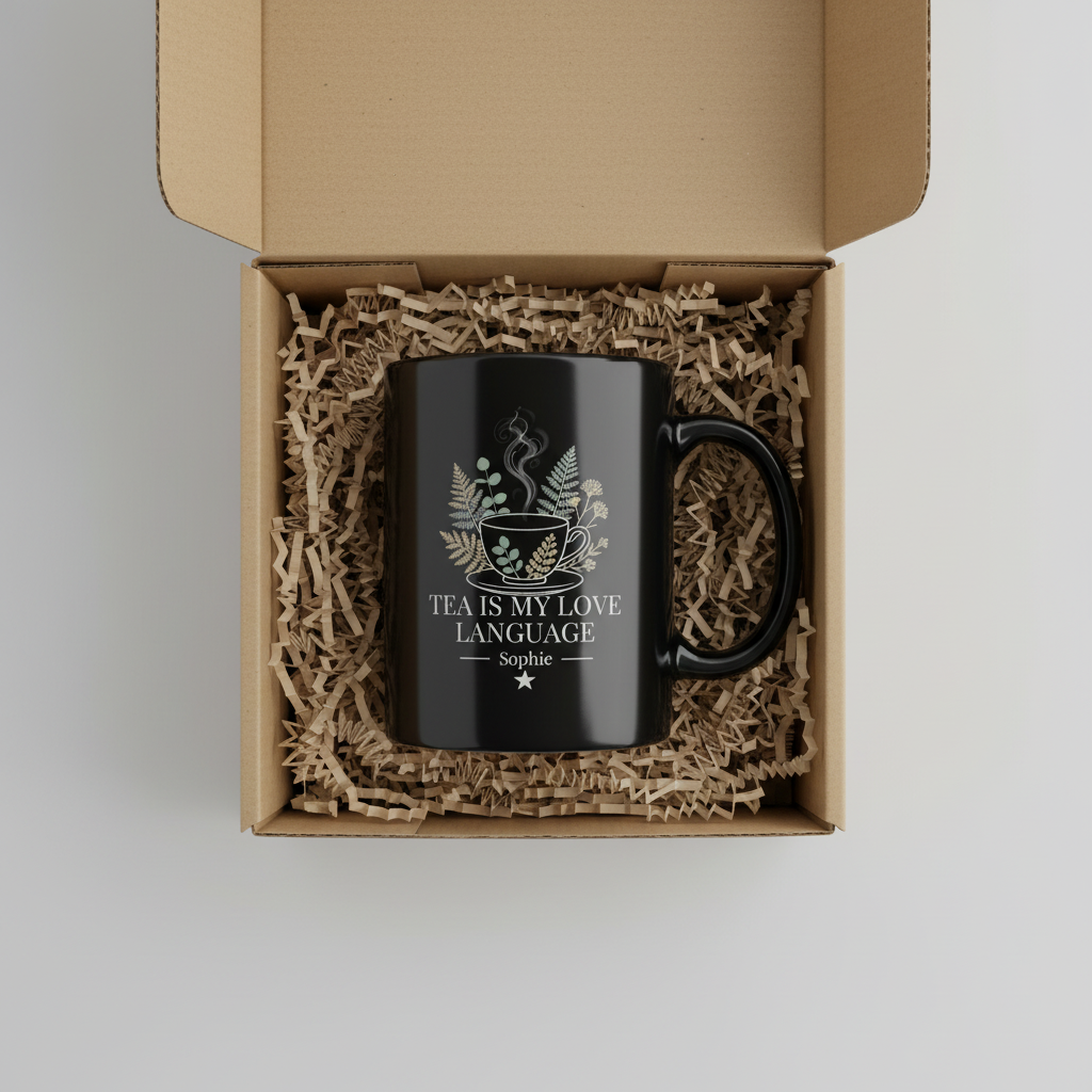 Personalized black tea mug in gift box with floral design and “Tea Is My Love Language” Sophie