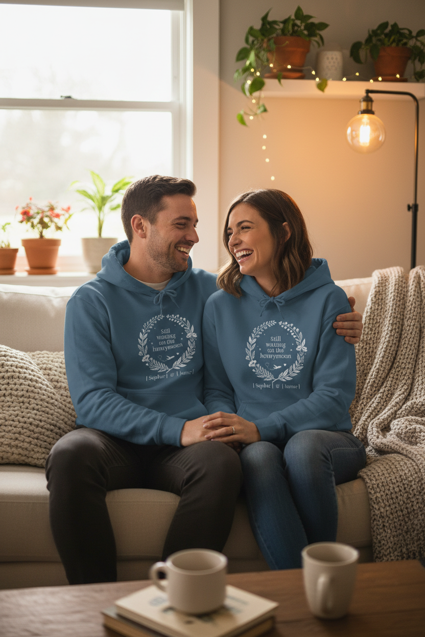 Two people wearing matching indigo blue personalised couples hoodies with front graphic