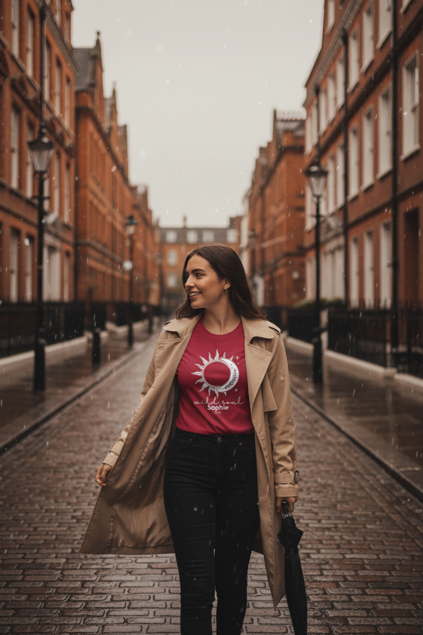 Burgundy graphic T-shirt with sun-and-moon emblem print at center.