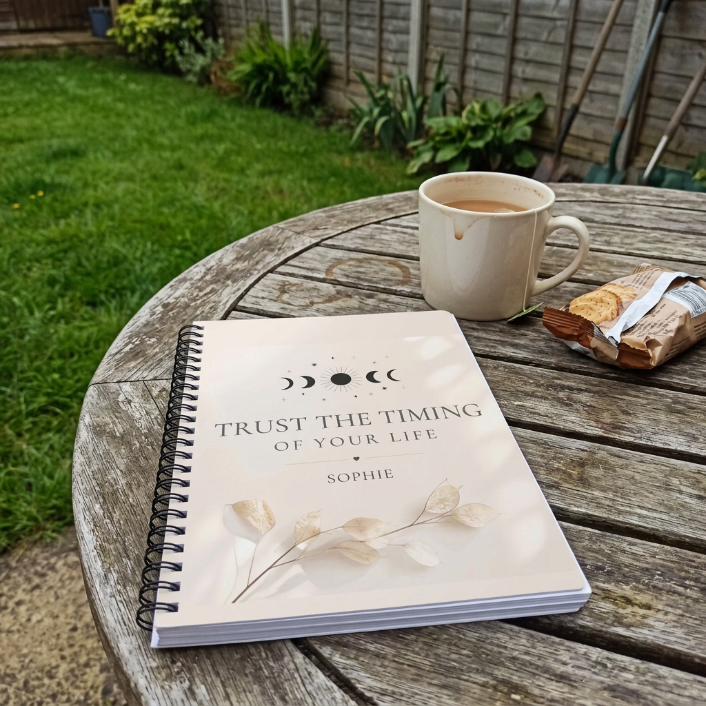 A5 lined notebook with cream cover, moon design, Trust the Timing of Your Life—SOPHIE