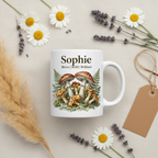 White ceramic mug with handle, botanical mushroom art and name Sophie.