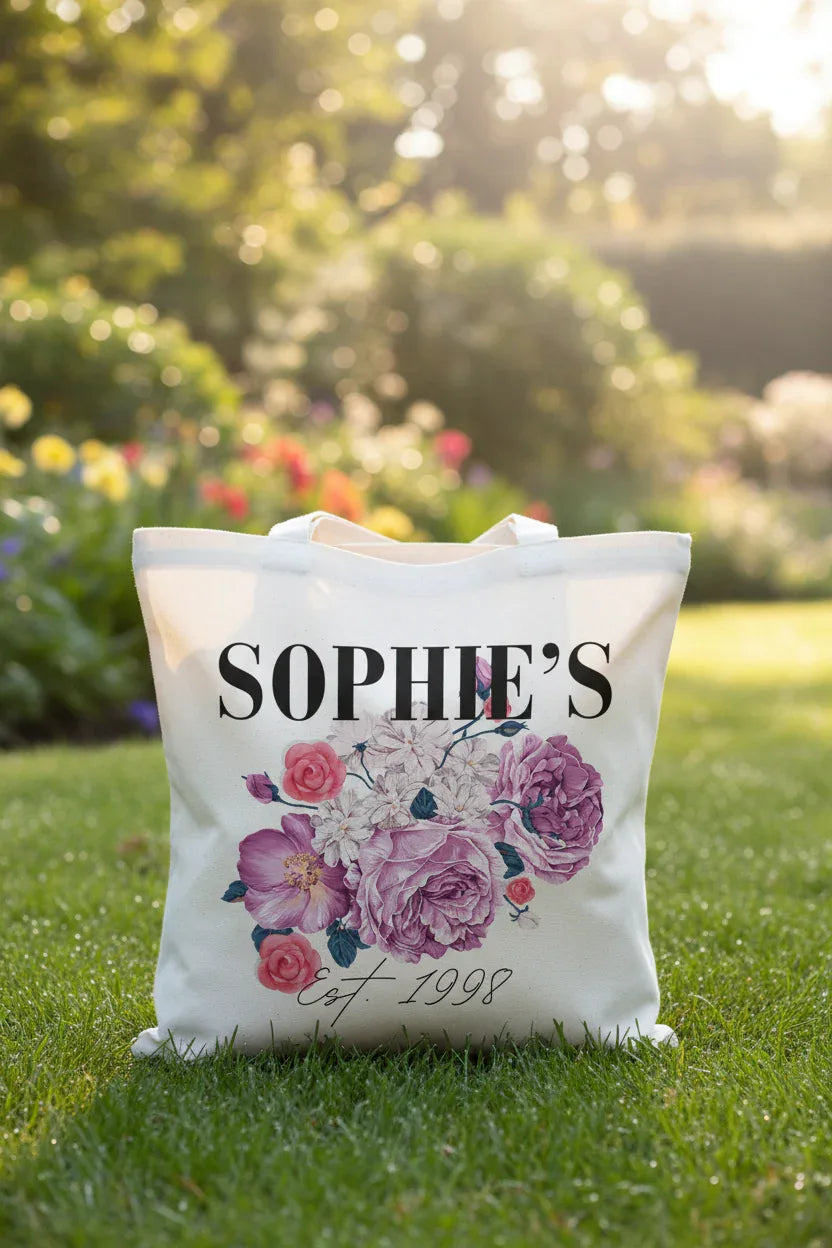 Personalised Floral Tote Bag | Custom Name, Text & Date | Choose Rose Colours | Eco Gift - Alley Crafters