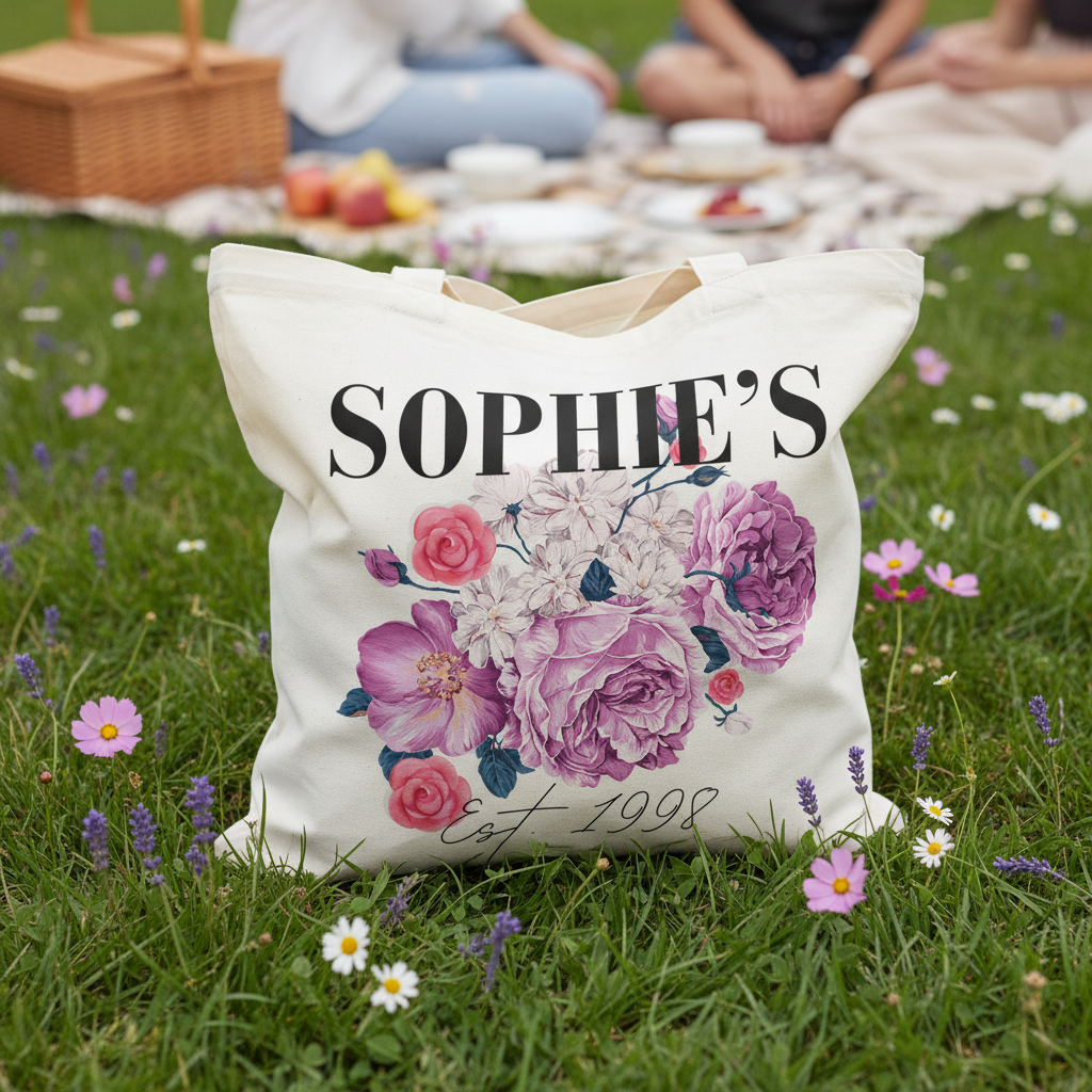 SOPHIE'S tote on grass with wildflowers