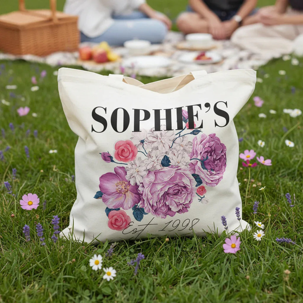 Personalised Floral Tote Bag | Custom Name, Text & Date | Choose Rose Colours | Eco Gift - Alley Crafters
