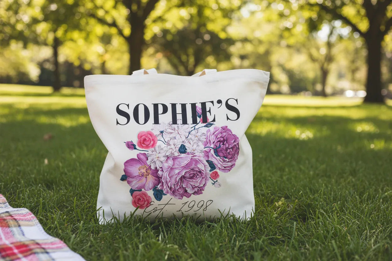 Personalised Floral Tote Bag | Custom Name, Text & Date | Choose Rose Colours | Eco Gift - Alley Crafters