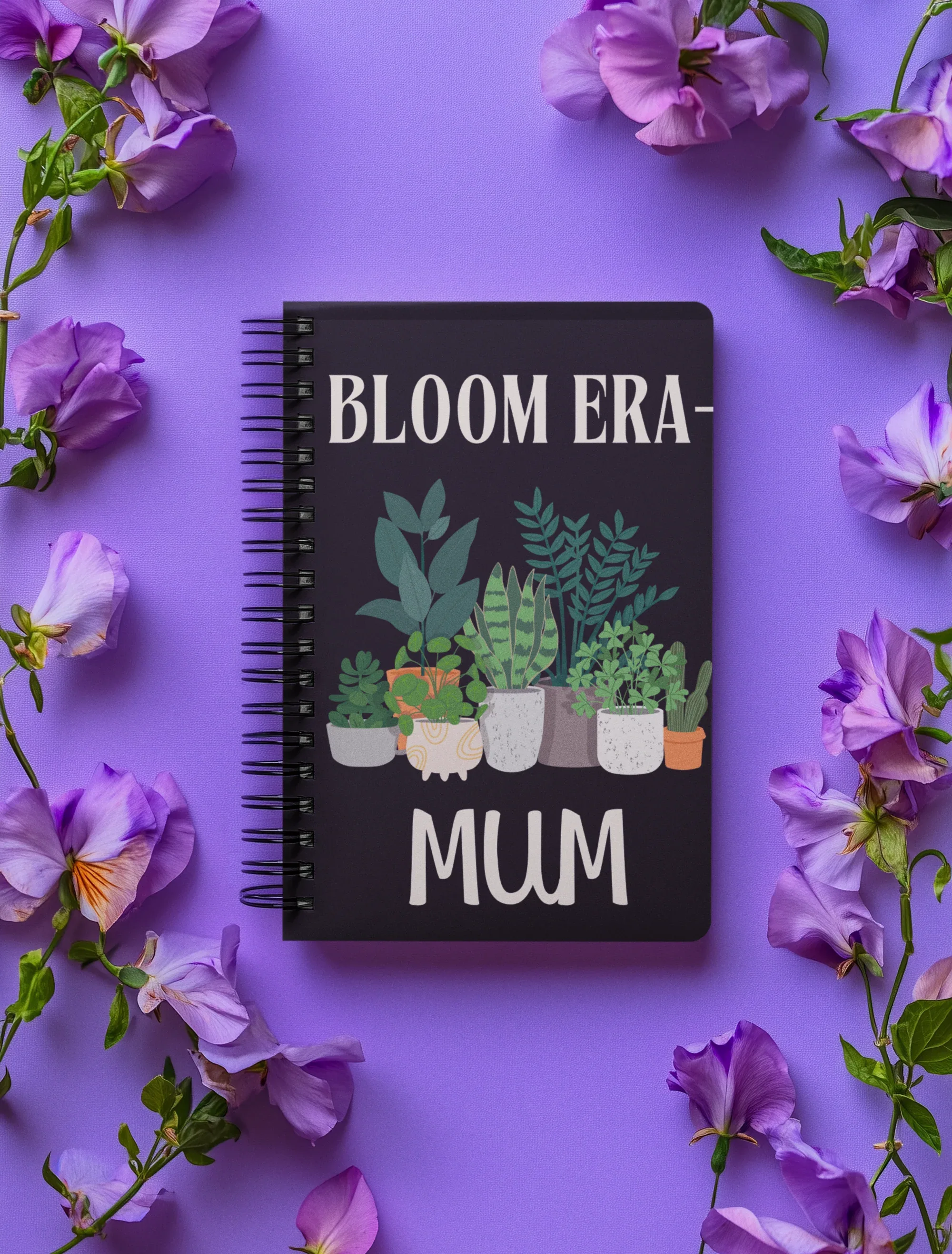 Personalised A5 lined notebook with dark cover, floral pots illustration and name MUM.