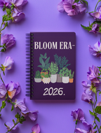 Personalised A5 lined notebook with purple cover, floral pots illustration and year 2026.