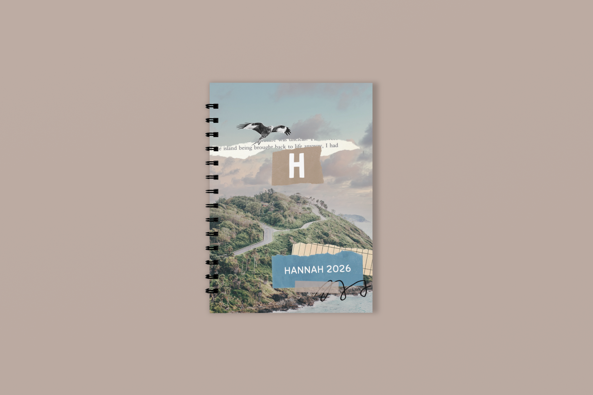 A5 wirobound notebook with seaside cover, monogram H and HANNAN 2026, lined pages