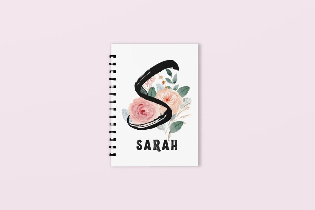 Personalised floral initial A5 wirobound notebook, white cover with floral letter and SARAH