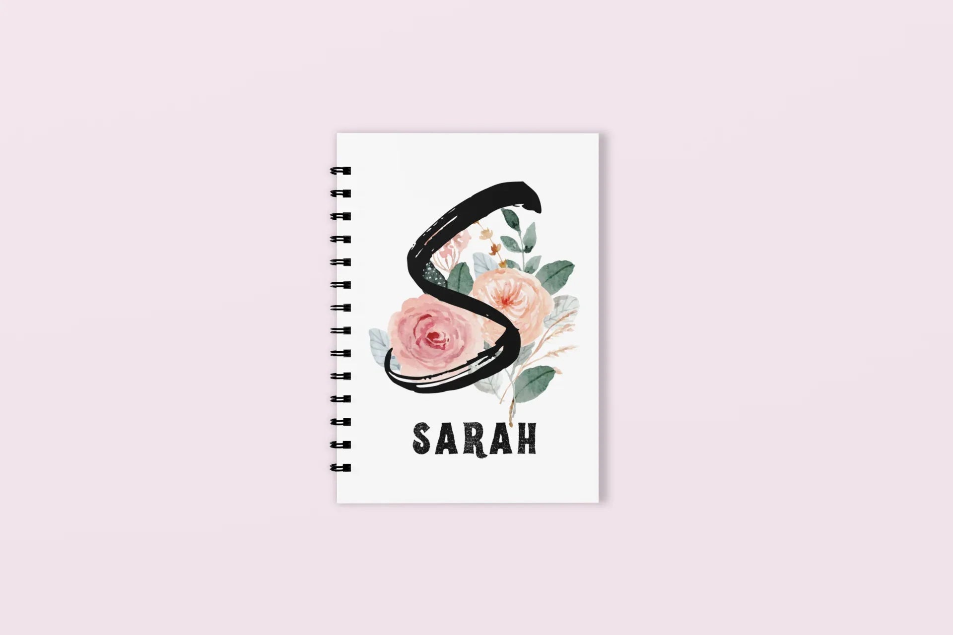 Personalised floral initial A5 wirobound notebook, white cover with floral letter and SARAH