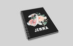 Black wirobound A5 journal with floral initial and name JENNA on the cover