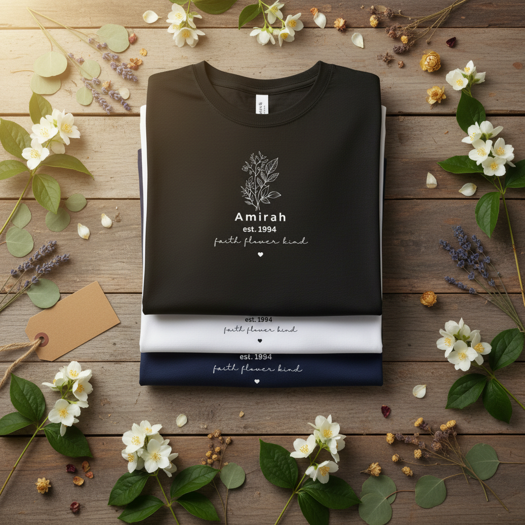 Stacked folded tees — jasmine flat lay — ready to wrap