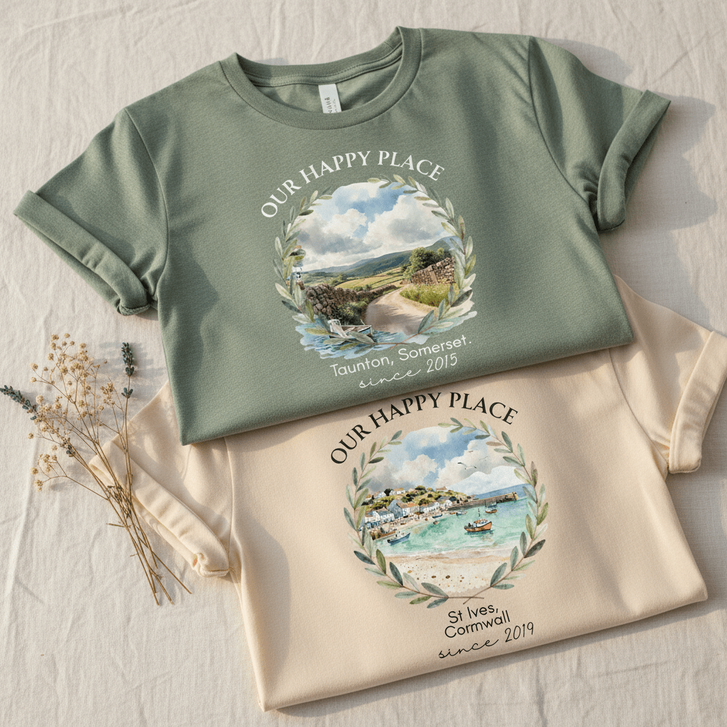 Personalised crew-neck T-shirts, forest green and natural, with scenic wreath print
