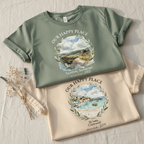 Personalised crew-neck T-shirts, forest green and natural, with scenic wreath print