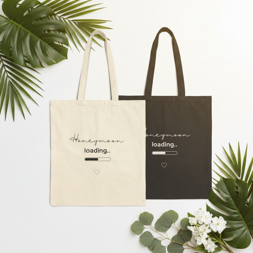Canvas tote bags with Honeymoon loading... text and heart, natural and black