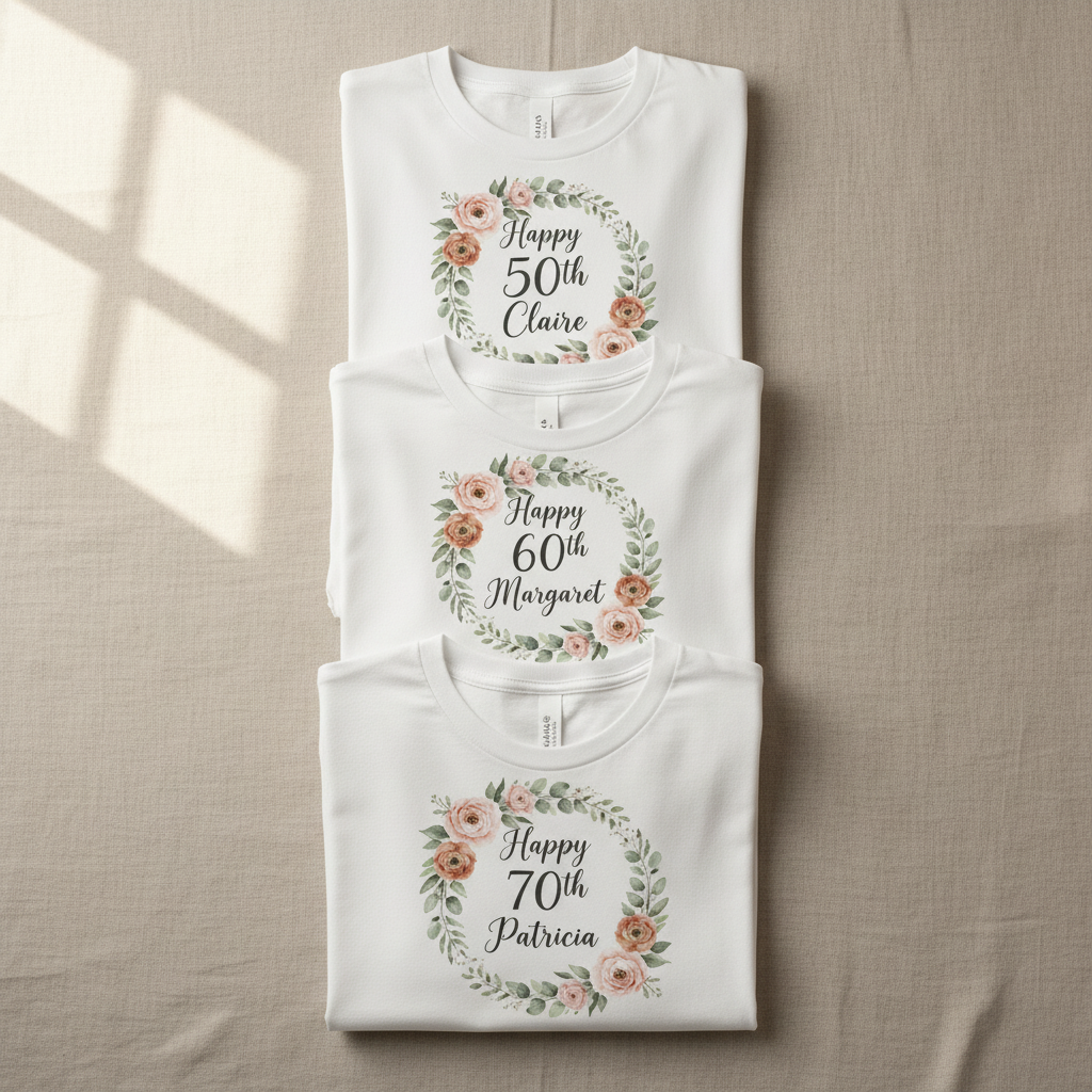 Three white birthday T-shirts: 50th Claire, 60th Margaret, 70th Patricia