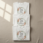 Three white birthday T-shirts: 50th Claire, 60th Margaret, 70th Patricia