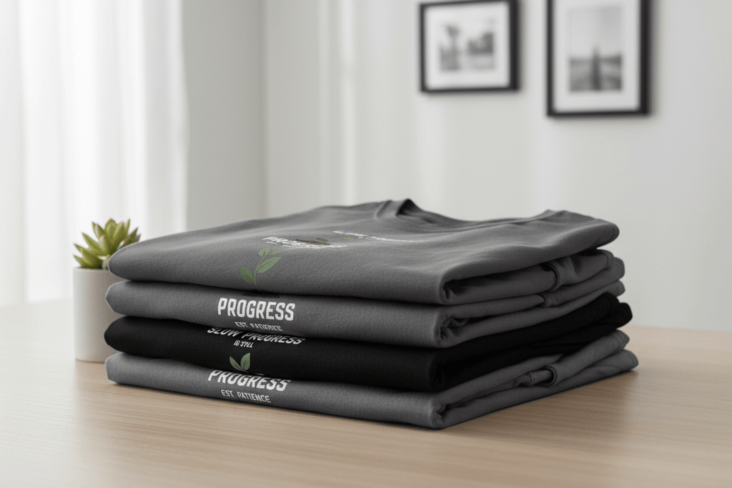 Stack of dark gray crew-neck T-shirts with “Progress” and small plant graphic