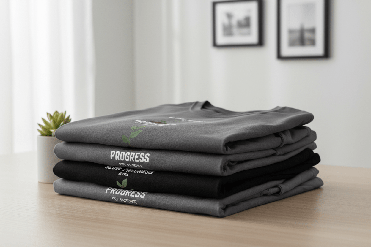 Stack of dark gray crew-neck T-shirts with “Progress” and small plant graphic