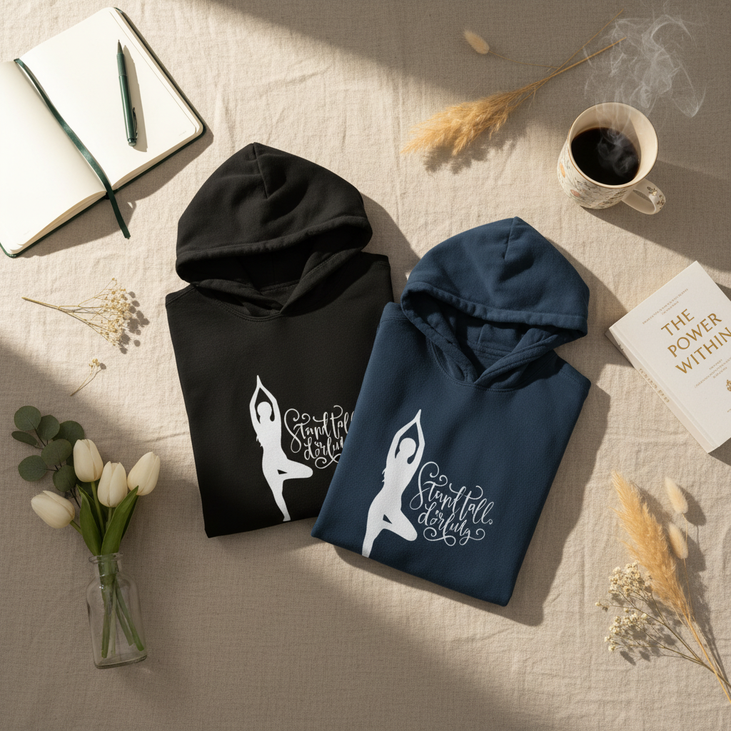 Black and navy hoodies, each with front pocket and yoga silhouette logo.