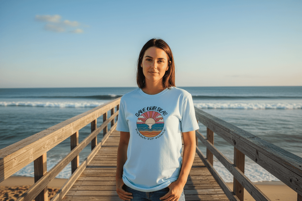 Save Our Seas T-Shirt | Retro Sunset Ocean Conservation Tee UK - AlleyCrafters