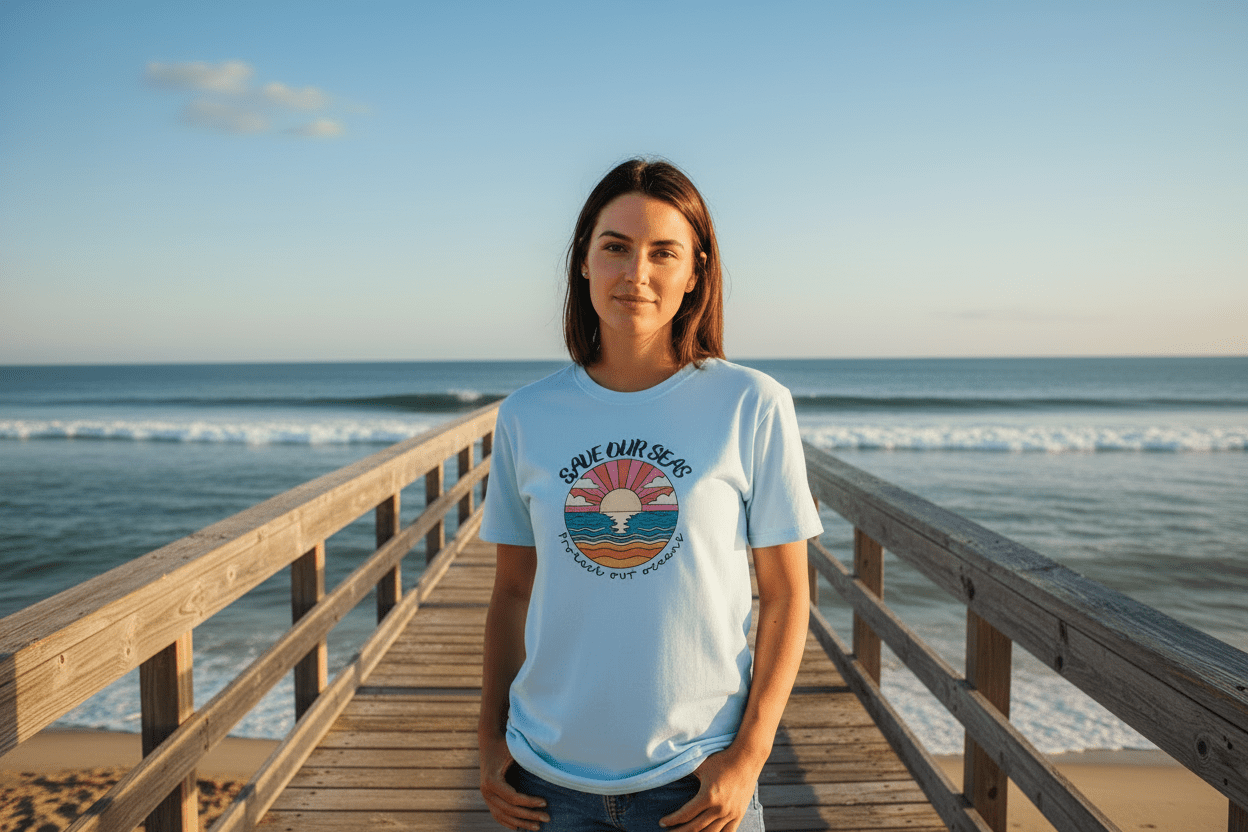 Save Our Seas T-Shirt | Retro Sunset Ocean Conservation Tee UK - AlleyCrafters