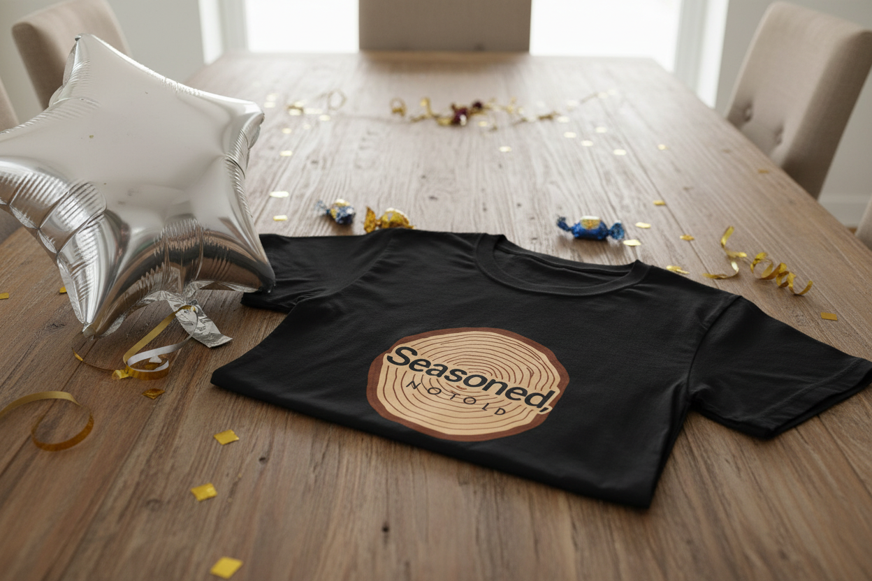 Black crewneck T-shirt with tree-ring “Seasoned, Not Old” graphic