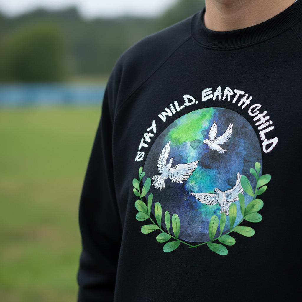 Close-up: dark kids sweatshirt with circular Earth birds graphic and green leaf accents