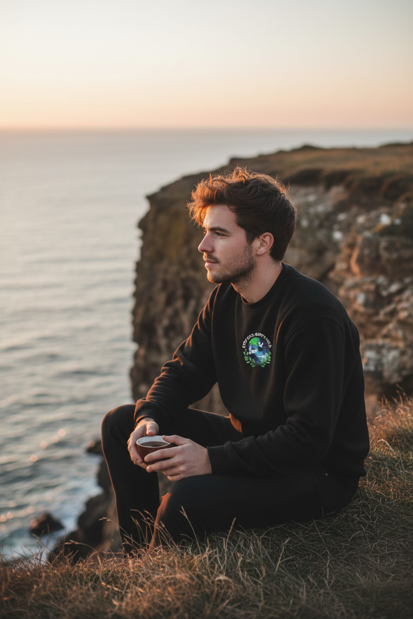 Black kids sweatshirt with circular Earth birds graphic on chest, worn by male model