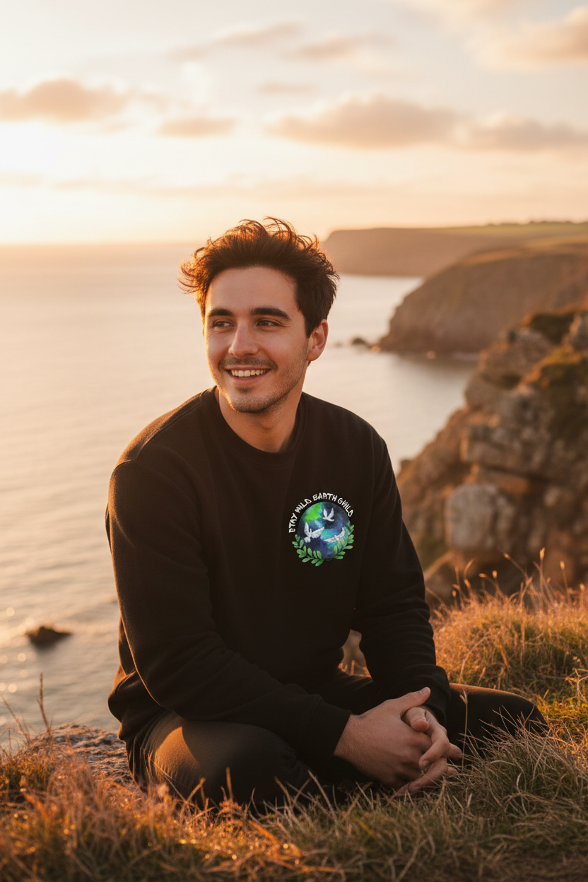 Black kids sweatshirt with chest Earth-and-birds graphic, worn outdoors