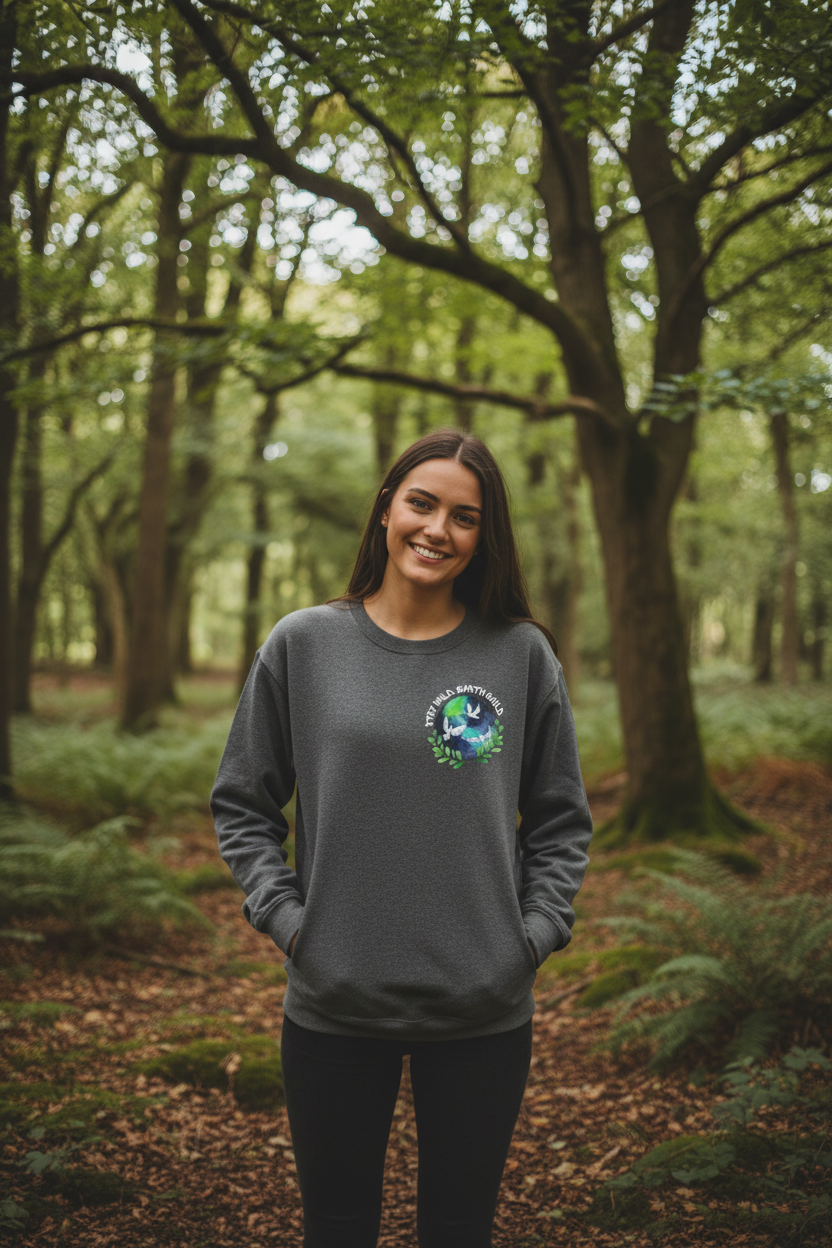 Gray kids sweatshirt with small chest Earth-and-birds logo graphic