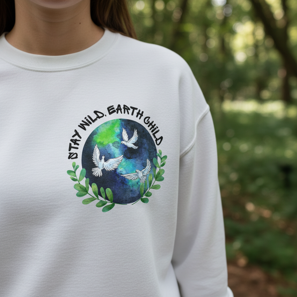 White kids sweatshirt with circular Earth birds graphic and green leaf wreath