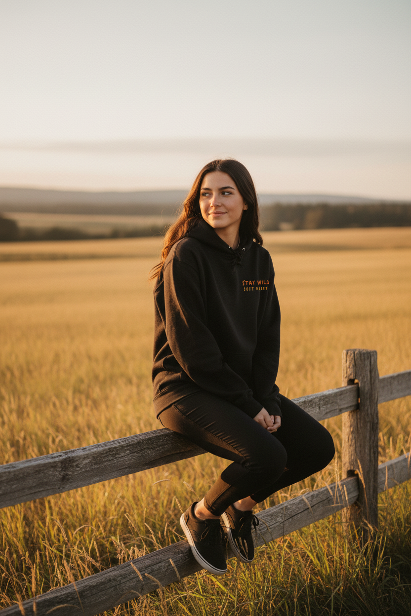 Black hoodie worn on grass field, with small chest logo text.