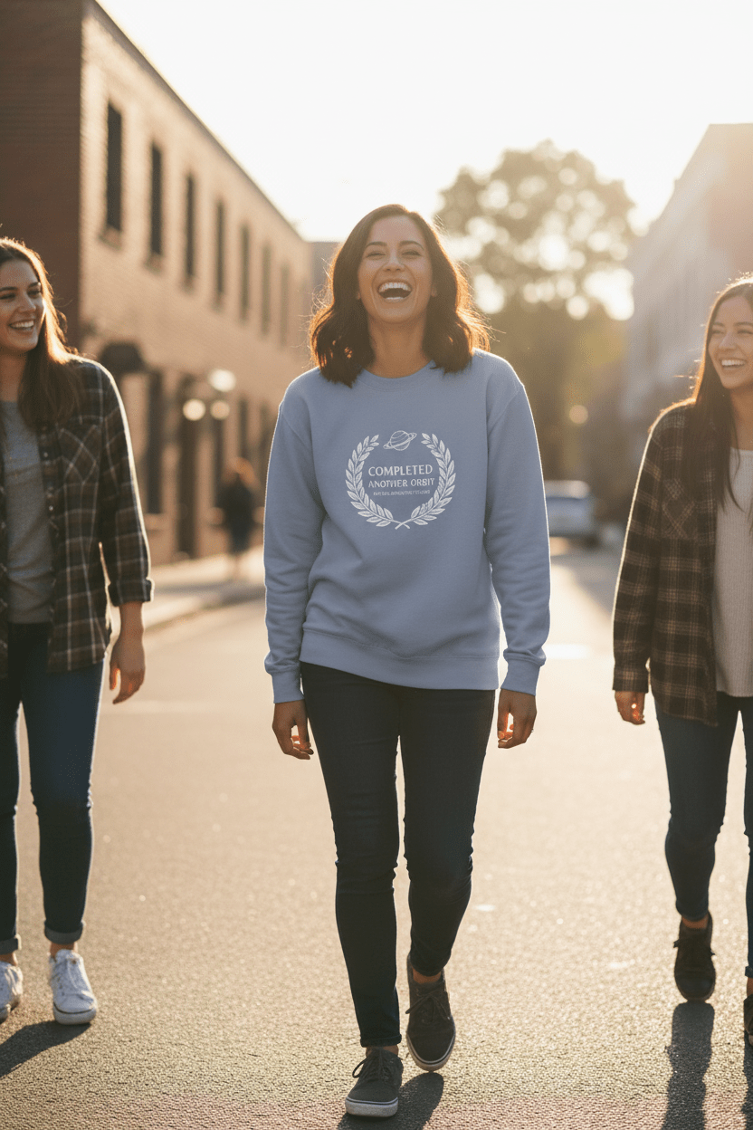 Light blue crewneck sweatshirt with 'Completed Another Orbit' wreath graphic