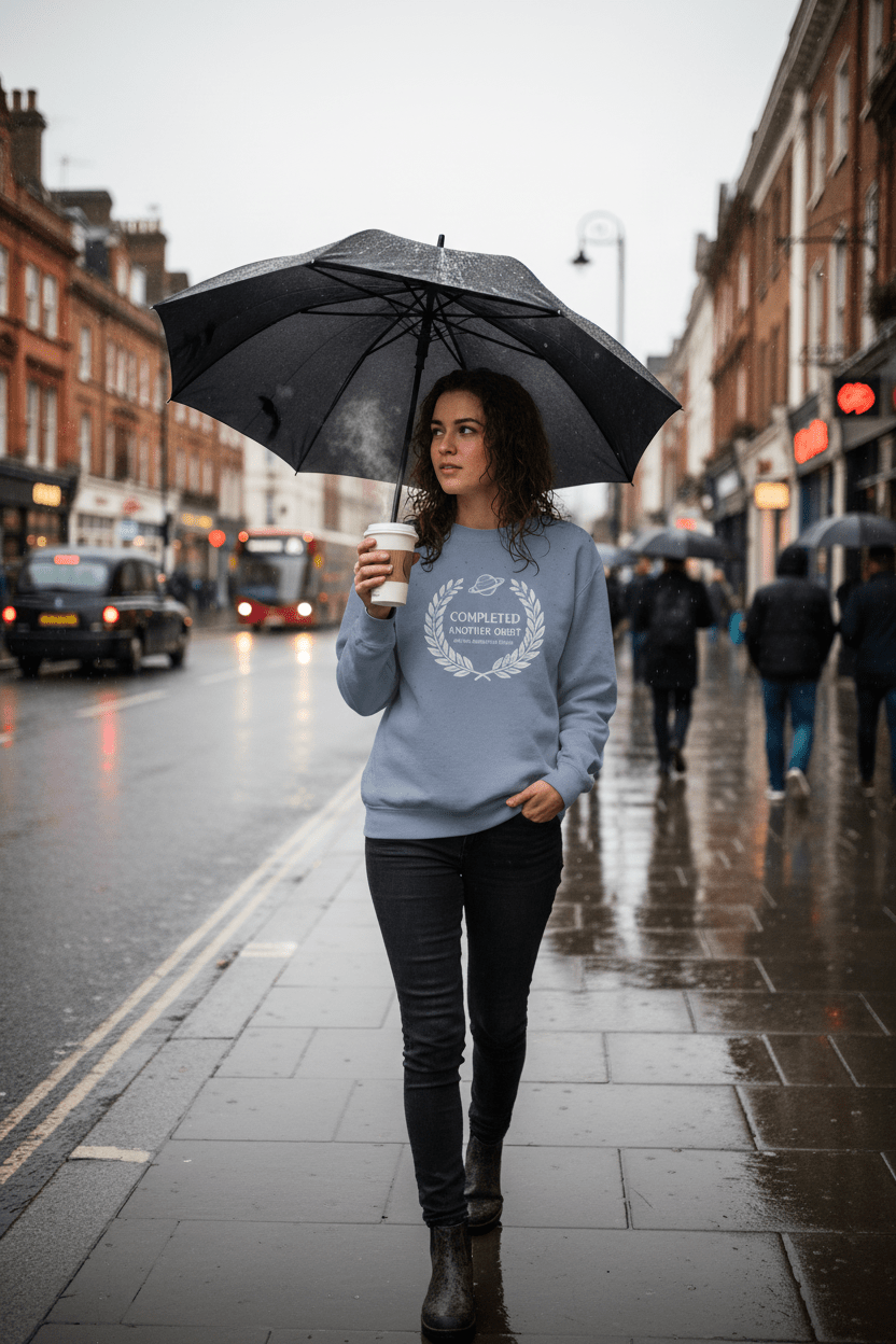 Light blue crewneck sweatshirt with laurel wreath 'Completed Another Orbit' logo
