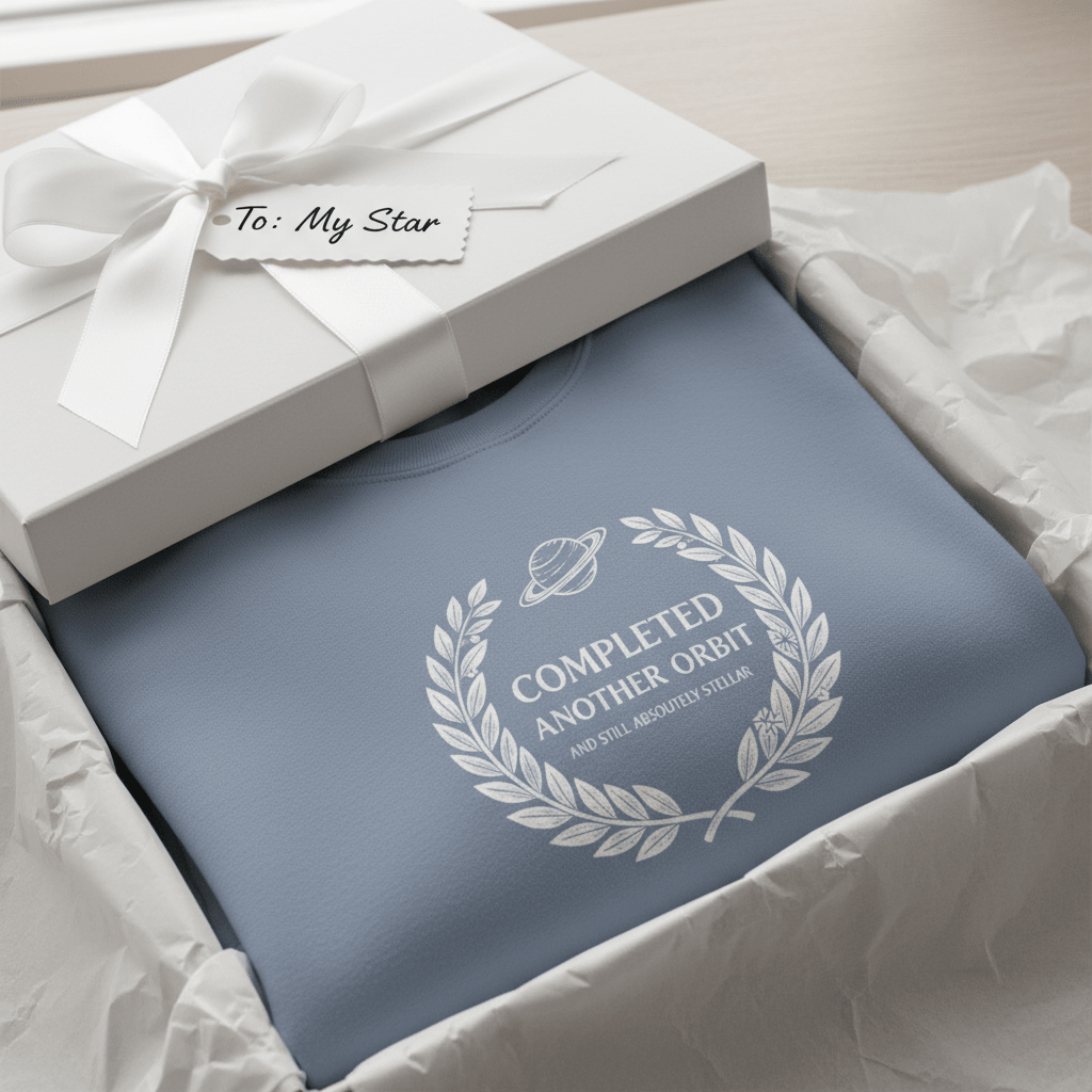 Light blue sweatshirt in gift box with white 'Completed Another Orbit' wreath logo