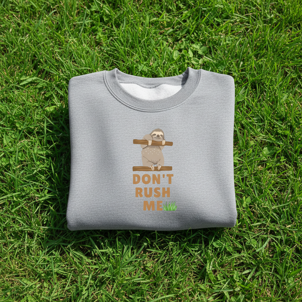 Grey crewneck sweatshirt folded, with sloth graphic and 'Don't Rush Me' front print