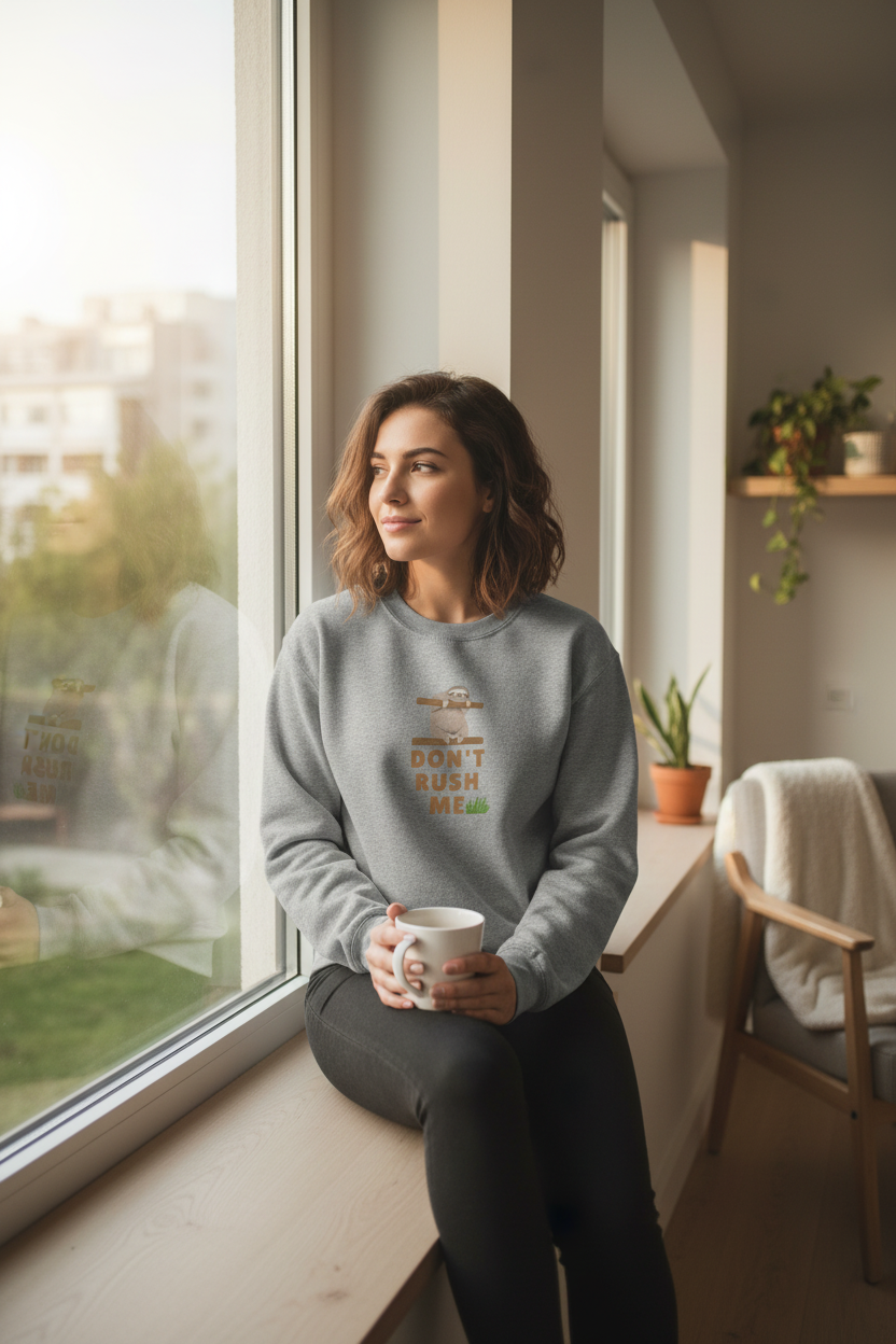 Grey crewneck sweatshirt with sloth graphic and 'Don't Rush Me' front print, worn