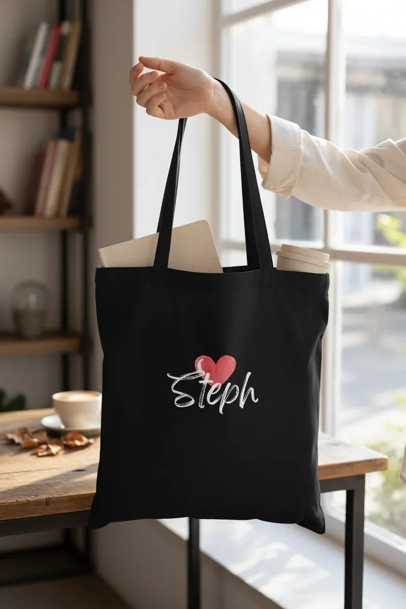 Personalised Heart Tote Bag | Add Any Name | Cute Custom Gift - Alley Crafters
