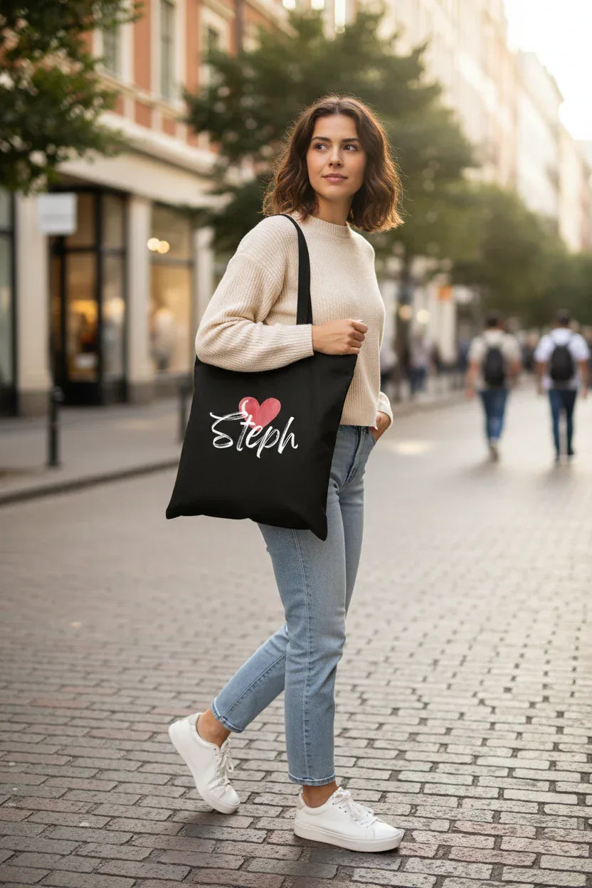 Personalised Heart Tote Bag | Add Any Name | Cute Custom Gift - Alley Crafters