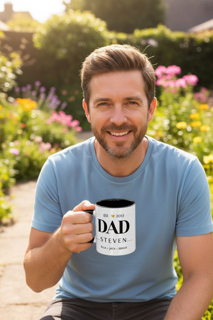 Two-tone dad coffee mug with black rim and handle; “DAD” and “STEVEN” text.