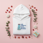 White hoodie with colorful birthday cake and text print on chest