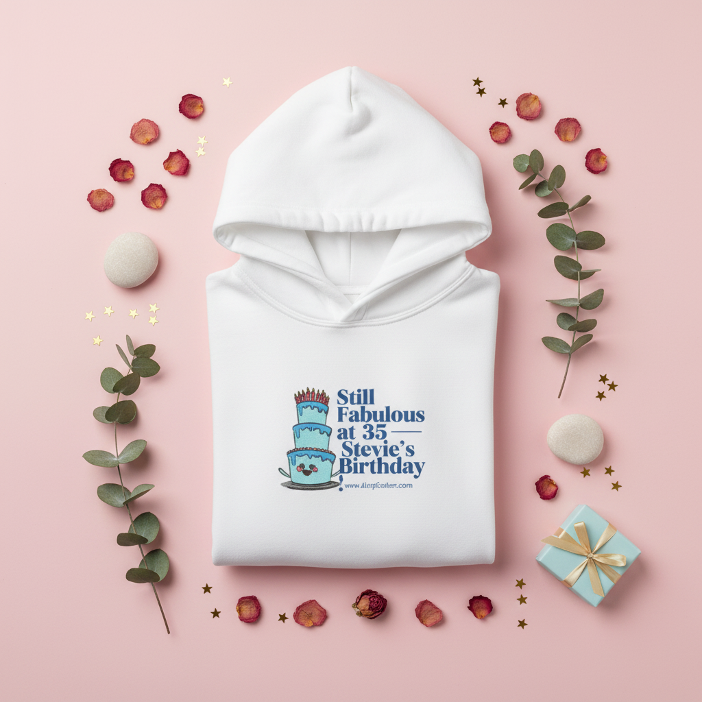 White hoodie with colorful birthday cake and text print on chest