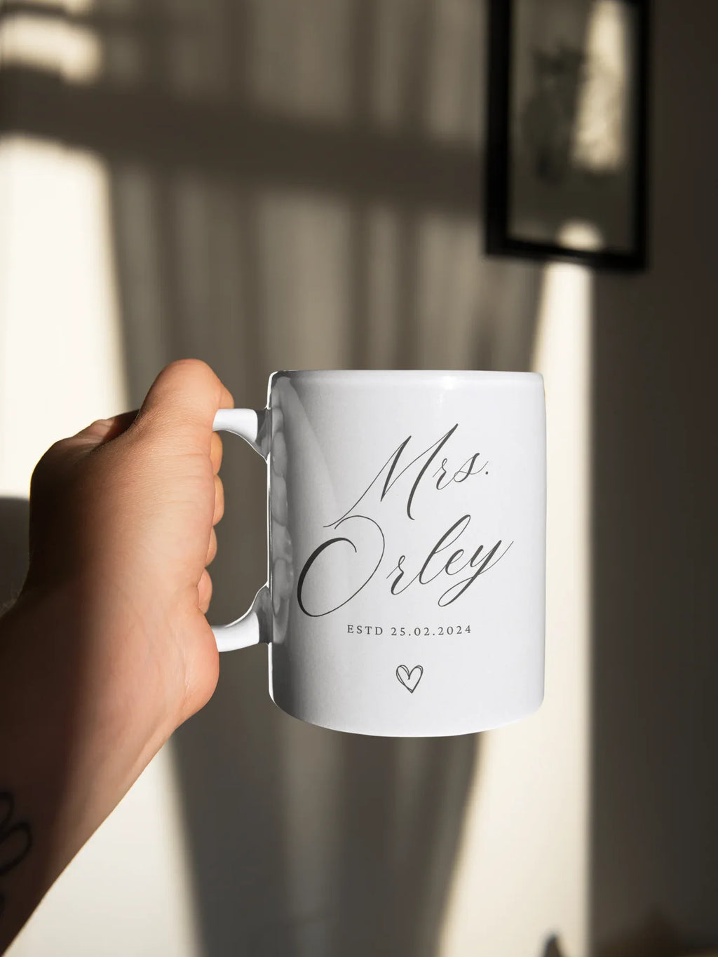 White ceramic mug with 'Mrs Orley' script and 'ESTD 25.02.2024' beneath